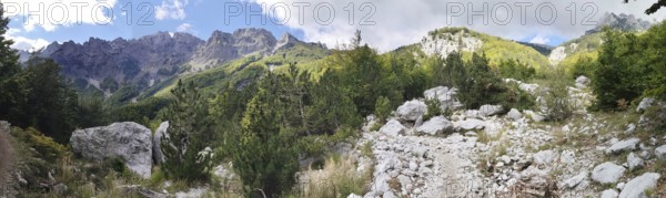 Panorama, rocky path surrounded by trees and mountains under a partly cloudy sky, Peaks of the Balkans, hiking in the Albanian Alps National Park, Albania