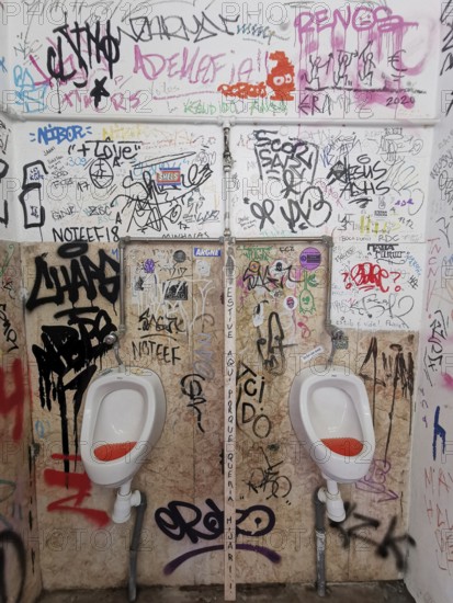 Public restroom area with graffiti-decorated walls and two urinals, Lisbon, Portugal