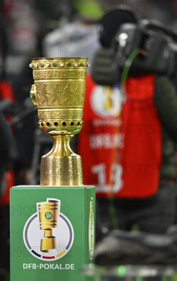 Cup on podium, TV camera, logo, soccer Bundesliga, DFB-Pokal, Allianz Arena, Munich, Bayern, Germany