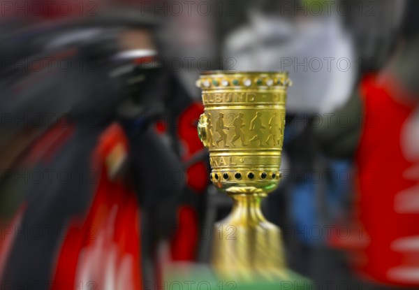 Cup on podium, TV camera, zoom effect, soccer Bundesliga, DFB-Pokal, Allianz Arena, Munich, Bayern, Germany