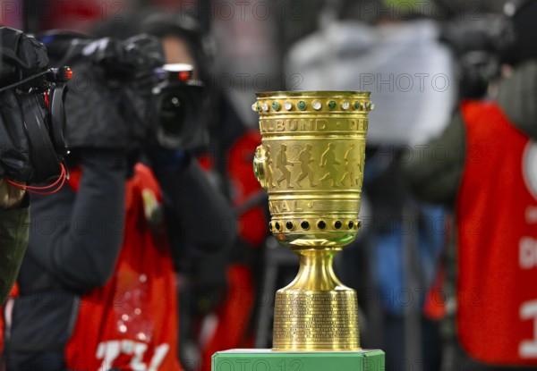 Cup on podium, TV camera, soccer Bundesliga, DFB-Pokal, Allianz Arena, Munich, Bayern, Germany