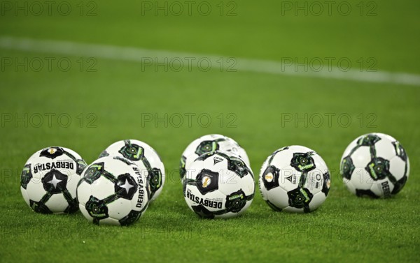 Adidas Derbystar game balls special edition, lying on grass, soccer Bundesliga, DFB-Pokal, Allianz Arena, Munich, Bayern, Germany