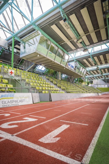 Sports hall with red running track and green seats in the stands, Sindelfingen Glass Palace, Böblingen district, Germany