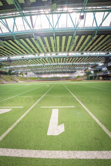 View of the green runway of an extensive indoor sports hall, Sindelfingen Glass Palace, Böblingen district, Germany