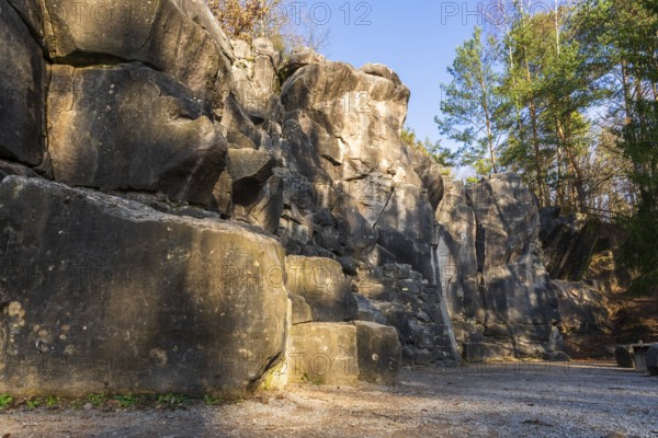 Sunny climbing garden in the Swabian Alb region, Baden-Württemberg, Germany. Sun-warmed rock faces in natural surroundings, creating an atmospheric scene for climbing, outdoor sports, and nature experiences