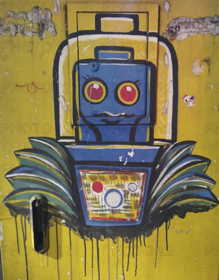 Colour-intensive graffiti of a stylized robot on a yellow background, Albania