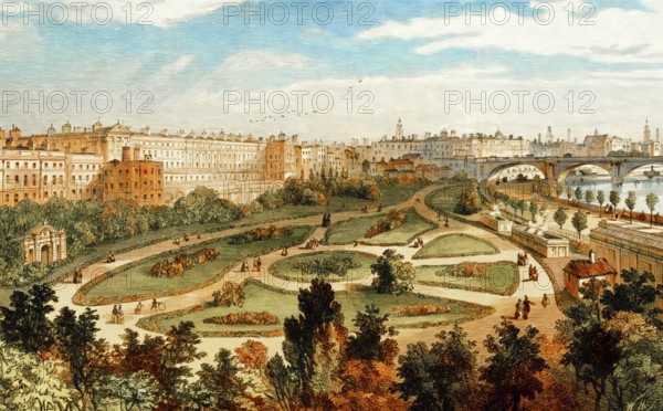The Embankment from Charing Cross Bridge, 1872, London, England, United Kingdom