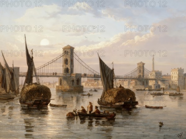 The first Hungerford Suspension bridge over the River Thames, 1845, London, England, United Kingdom
