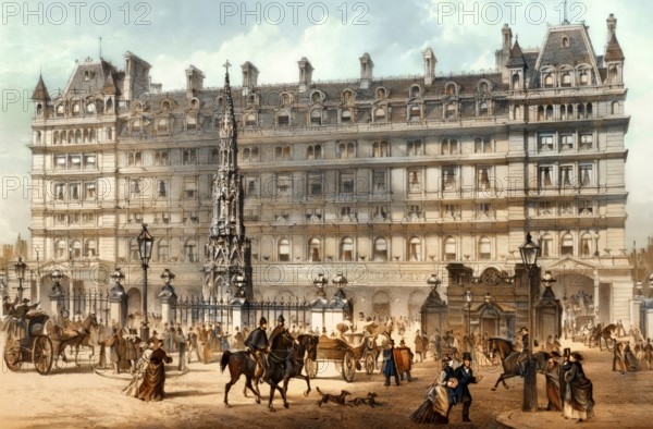 The front entrance of Charing Cross railway station in 19th-century, London, England, United Kingdom