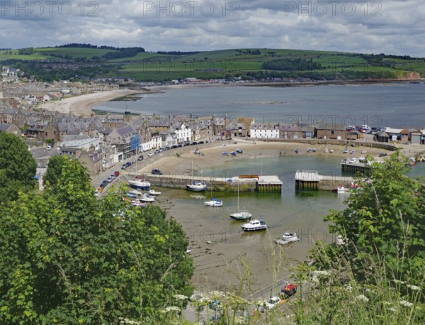 Coastal view of a village with harbour, boats and green hills under a cloudy sky, Stoneheaven, Aberdeenshire, Scotland, United Kingdom