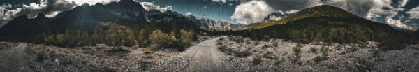 Dramatic panorama of a mountain landscape with contrasting lighting, Albanian Alps National Park