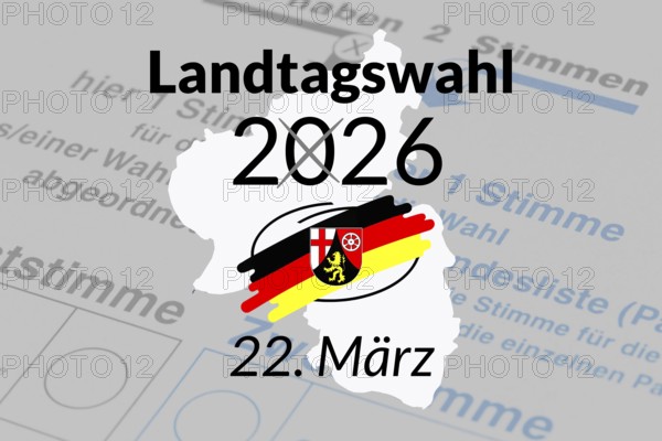 (photo montage) Coat of arms of Rhineland-Palatinate and text STATE ELECTION 2026 MARCH 22 and on a ballot paper