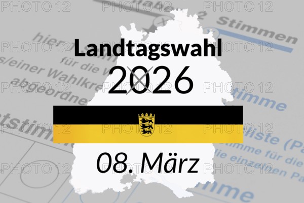(photo montage) Baden-Württemberg coat of arms and text STATE ELECTION 2026 MARCH 08 and on a ballot paper