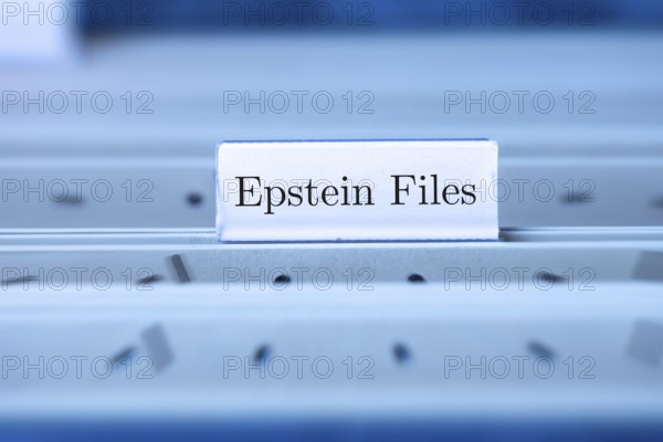 (Photo montage) Sign with the inscription EPSTEIN FILES on a hanging file register