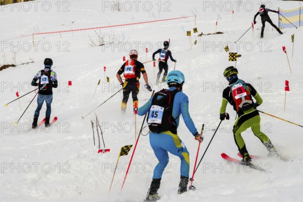 Athletes downhill at the Jennerstier, Skimo, Jenner, Schönau am Königssee, Berchtesgadener Land, Upper Bavaria, Bavaria, Germany