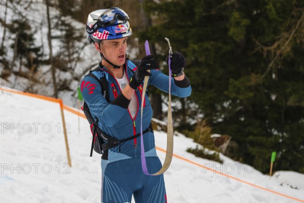 Athlete Toni Palzer withdrawing fur at the Jennerstier, Skimo, Jenner, Schönau am Königssee, Berchtesgadener Land, Upper Bavaria, Bavaria, Germany