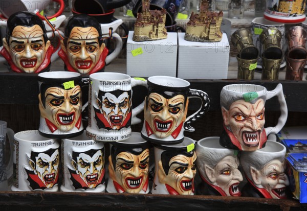 Souvenir sale at Bran Castle, marketing of Dracula, printed here on cups, Törzburg, in Transylvania, Romania. It is famous as Dracula's Castle and one of the country's main attractions