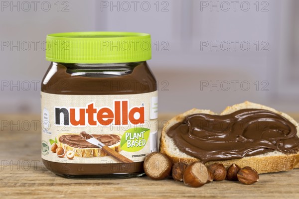 Nutella Plant Based vegan nut nougat cream 350g jar on bread with logo in Stuttgart, Germany