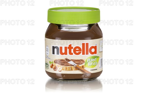 Nutella Plant Based vegan nut nougat cream 350g jar with logo cut against a white background in Stuttgart, Germany