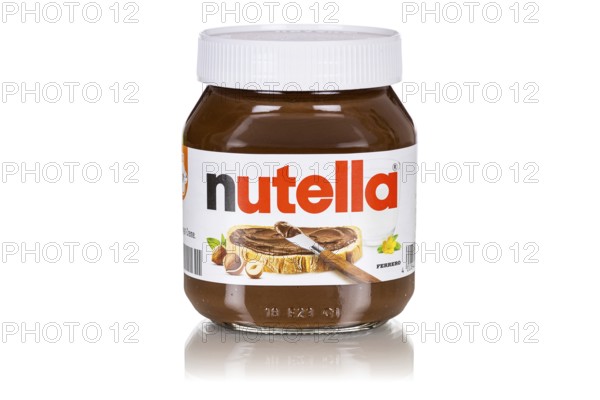 Nutella nut nougat cream 450g jar with logo cut against a white background in Stuttgart, Germany