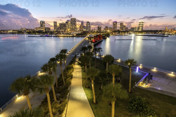 Saint Petersburg Florida skyline on Tampa Bay from above with St. Pete Pier at night in downtown St Petersburg, USA