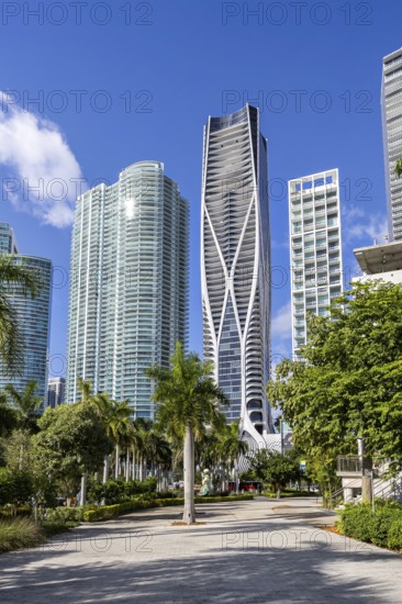 Miami skyline with high-rise real estate at Maurice A. Ferré Park in Miami, USA