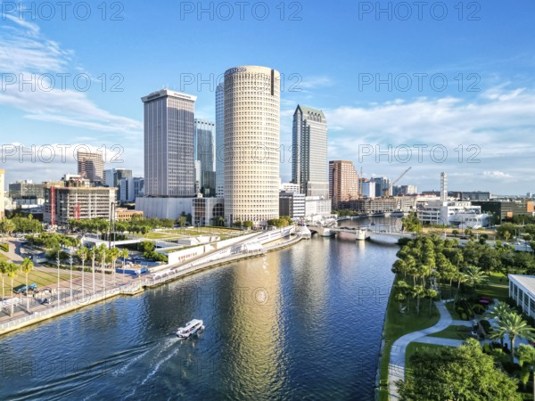 Tampa skyline from above aerial view with skyscrapers and Hillsborough River in downtown Tampa, USA