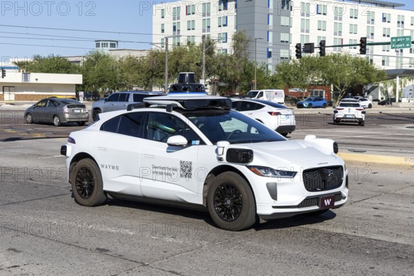 Waymo self-driving autonomous vehicle driverless car from Google and Jaguar Robotaxi in Phoenix, USA