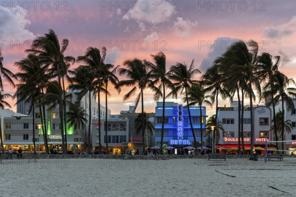 Miami Beach Florida building on Ocean Drive in art deco architecture style at night in Miami Beach, USA