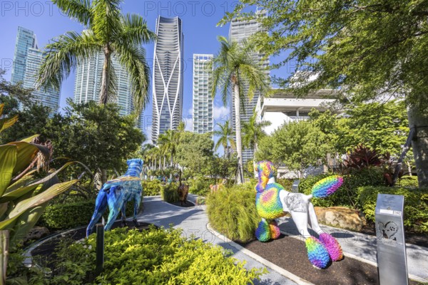 Miami Maurice A. Ferré Park modern art and skyline with skyscrapers in Miami, USA