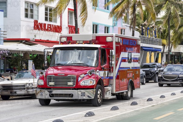 Fire department car fire truck of the Miami Beach Fire Rescue on Ocean Drive in Miami Beach, USA