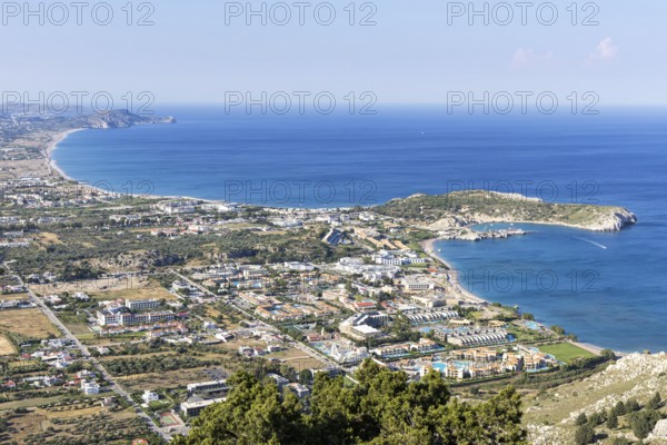 View of the holiday resort of Kolymbia with beach from above Mediterranean seaside island of Rhodes, Greece