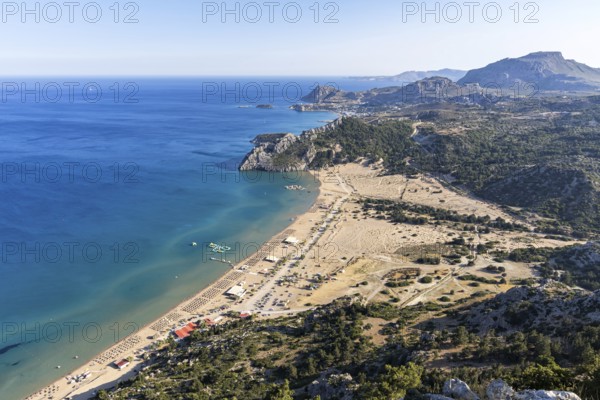 View of Tsambika beach from above Mediterranean seaside island of Rhodes, Greece