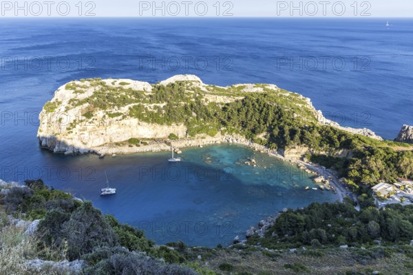 View of Anthony Quinn Bay beach and bay from above Mediterranean seaside island of Rhodes, Greece