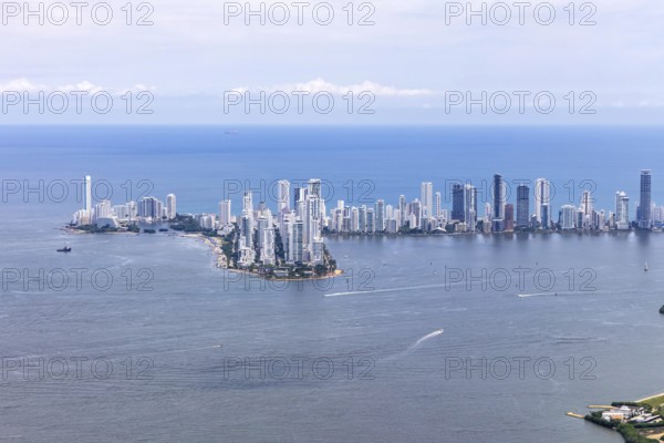 Cartagena skyline with skyscrapers in the Caribbean by the sea Aerial view from above in Cartagena, Colombia