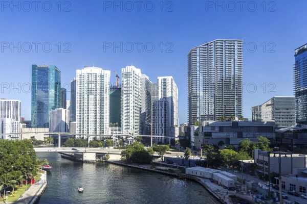 Miami skyline in downtown and Brickell with high-rise real estate on Miami River Florida in Miami, USA