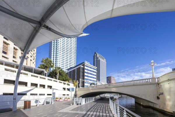 Tampa Riverwalk Promenade on the Hillsborough River Skyline with skyscrapers downtown in Tampa, USA