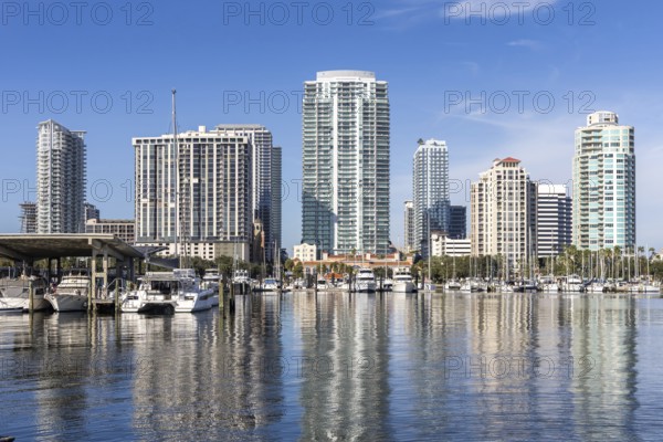 Saint Petersburg Skyline Florida Marina with boats on Tampa Bay in Downtown St Petersburg, USA