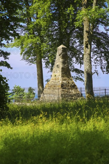Rock obelisk near Lichtenstein, fence, geological past, display object, rocks from the Swabian Jura, Honau, municipality of Lichtenstein, Baden-Württemberg, Germany