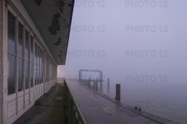 View along a long balcony of Steubenhöft of the ferry terminal at Lübbenkai, Cuxhaven, Lower Saxony, Germany