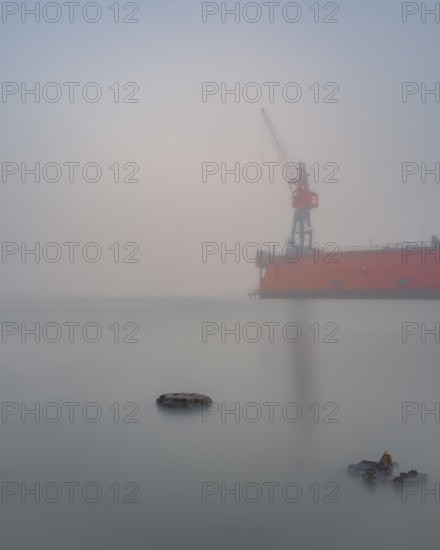 View of old weathered wooden pegs on a dry dock at the port of America on which a crane stands in fog, Cuxhaven, Lower Saxony, Germany