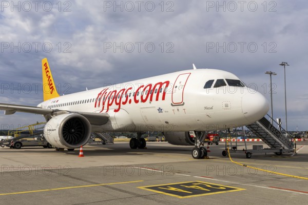 An Airbus A320neo Pegasus Airlines aircraft with the license plate TC-NBL at the airport in Stuttgart, Germany