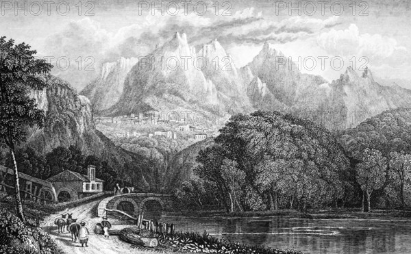 Mountain landscape with the village of Sintra near Lisbon, Portugal, natural landscape, lake, bridge, donkey, pack animal, people, tree trunks, architecture, steel engraving, historical illustration 1835