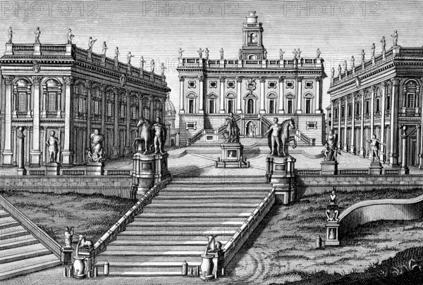 The Capitol, Capitolium, Capitoline Hill, Rome, Italy, one of the seven hills of ancient Rome, Capitol Square, stairs, statues, equestrian monument, three-sided complex, Senator's Palace, City Hall, architecture, steel engraving, historical illustration 1835