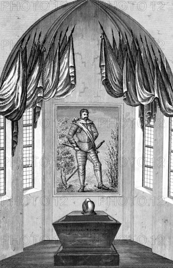 Tomb of Johan Banér (1596-1641) or Johan Banner, Johan Banier, Stockholm, Sweden, Swedish field marshal, Thirty Years' War, architecture, room, niche, coffin, window, portrait, commemoration, flags, steel engraving, historical illustration 1835