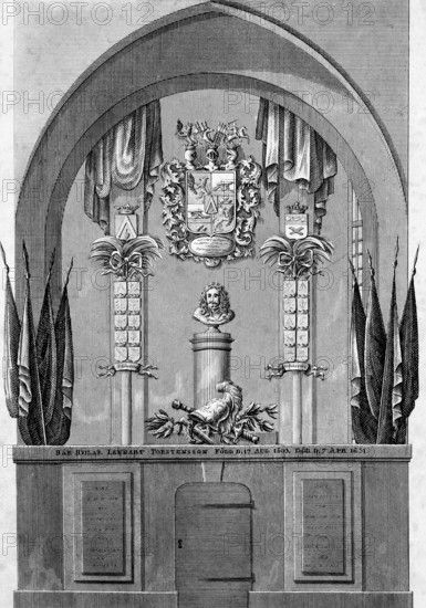 Tomb of Lennart Torstensson, Count of Ortala (1603.1651) Stockholm, Sweden, general and governor-general, architecture, heraldry, coat of arms, column, bust, inscription, flags, niche, commemoration, steel engraving, historical illustration 1835