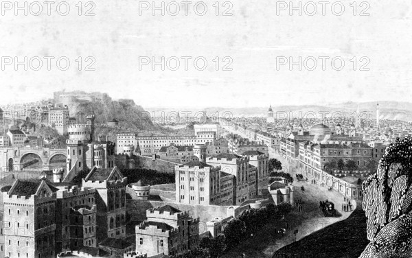 Highstreet Royal Mile, Old Town, Edinburgh Castle, Edinburgh, Scotland, cityscape seen from Calton Hill, architecture, steel engraving, historical illustration 1835