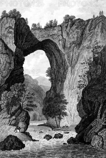 Natural Bridge, the natural bridge in the state of Virginia, USA, rock formation in Rockbridge County, geology, canyon, Cedar Creek river, trees, cataract, steel engraving, historical illustration 1835