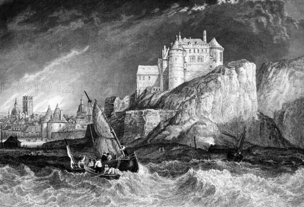 Town of Dieppe with castle on the English Channel, Normandy, France, storm, high swell, rowing boat, sailboat, rocky coast, castle, round corner towers, town with churches, city wall, architecture, steel engraving, historical illustration 1835