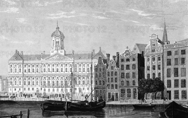 Royal Palace, Palace on the Embankment, Amsterdam, Netherlands, built as a town hall in mid-17th century, Dutch classicism, guest house for state guests, tower, houses of the upper middle classes, canal, sailing ships, barges, architecture, steel engraving, historical illustration 1835